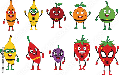Superhero fruits, cartoon characters, healthy heroes, fruit costumes, playful design, kids illustration, vibrant colors, comic style, fun expressions, educational theme, animated icons