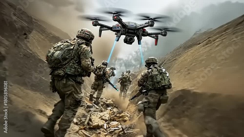 Soldiers navigating a rugged terrain while a drone hovers above, surveying the area amidst smoke
