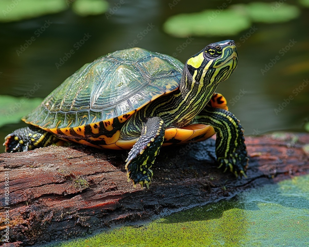Fototapeta premium bright striped pond turtle basking on a sunlit log above green lily pads with a calm curious gaze