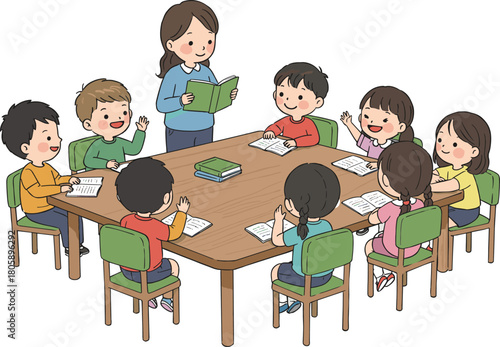 Teacher reading to students, classroom learning activity, group education scene, children engaged in reading, cartoon illustration, school setting, interactive teaching, educational environment