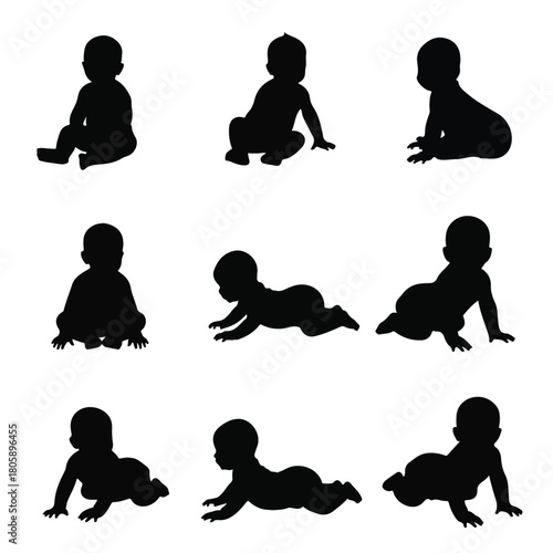 Collection of Silhouettes of Babies in Various Crawling and Sitting Poses