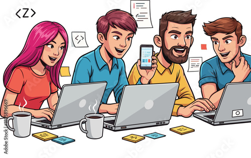 Team of developers coding together, software collaboration, tech workspace, laptop teamwork, app design, programming session, creative coders, startup environment, brainstorming, digital innovation