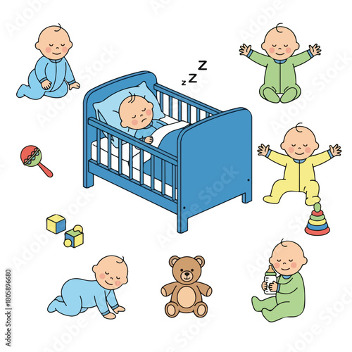 Adorable babies in various playful poses and sleeping peacefully in a crib with toys, illustrating childhood and innocence