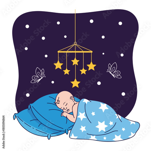 Sweet dreams baby, sleeping peacefully under a starry sky with butterflies fluttering gently around