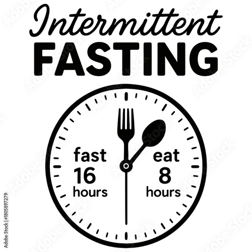 Black-and-white infographic showing a clock with fork and spoon hands illustrating a 16-hour fasting window and an 8-hour eating period