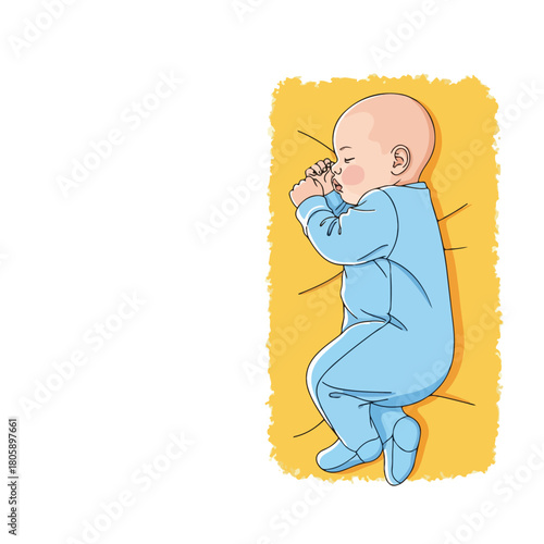 Adorable baby in blue pajamas sleeping peacefully on a yellow blanket, baby sleeping