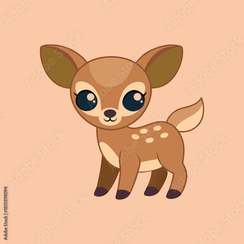 Adorable cartoon fawn with big eyes and spots, standing sweetly on a peach background, creating a charming and innocent animal illustration