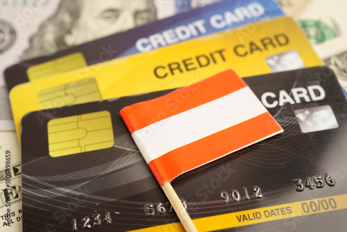 Austria flag on credit card, finance economy trading shopping online business.