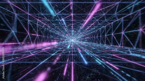 Infinite transition geometric grid system fly-through looping endlessly in a dark futuristic void space representing data flow wireframe, telecommunications, deep space