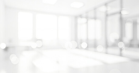 Bright white abstract background with soft focus and circular light effects, creating a calm luminous ambience with gentle glowing highlights and smooth visual depth throughout the scene.