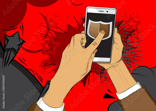 Cartoon Smartphone, comic book Telephone with Shield. Retro vector comics pop art design.