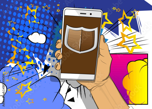 Cartoon Smartphone, comic book Telephone with Shield. Retro vector comics pop art design.