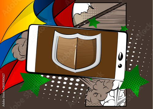 Cartoon Smartphone, comic book Telephone with Shield. Retro vector comics pop art design.