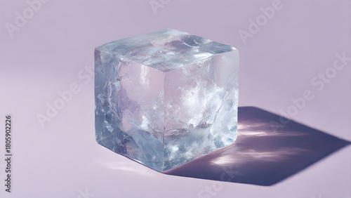 Stunning transparent ice cube casting dynamic shadows on a soft pastel purple background, symbolizing freshness and purity for commercial use