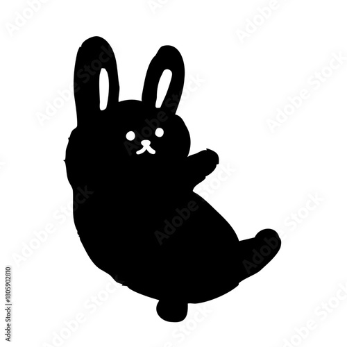 何かに寄り添うように体を傾けた、かわいい手描き風のうさぎシルエットイラスト。白黒でミニマルに仕上げた動物キャラクター素材。