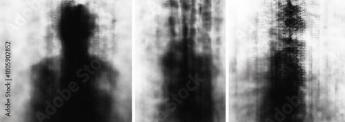three-panel black and white composition of blurred shadowy human silhouettes behind vertical streaked mist, evoking eerie isolation and melancholy
