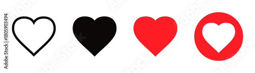 Heart like icon set featuring clean outline and solid shapes in black and red styles, perfect for favorites, reactions, social media likes, love symbols, and user engagement tools.