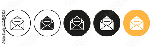 Open mail envelope icon set featuring simple line and solid styles with a visible letter inside, ideal for email alerts, inbox messages, newsletters, and notifications.