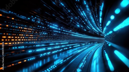 futuristic glowing tunnel of blue and orange lights with curved reflective tracks and streaking dots conveying speed and energetic motion