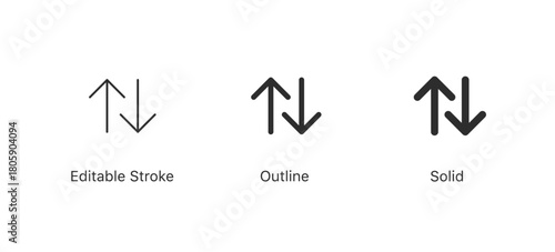 Twin up and down arrows icon set representing exchange, transfer, update, sync, data flow, and direction changes, available in editable stroke, outline, and solid styles.
