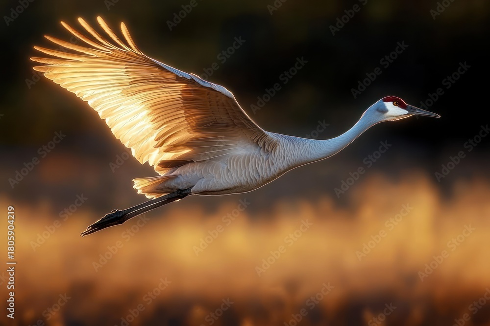 Naklejka premium majestic sandhill crane gliding with glowing backlit golden wings over warm blurred wetland, serene sunset mood