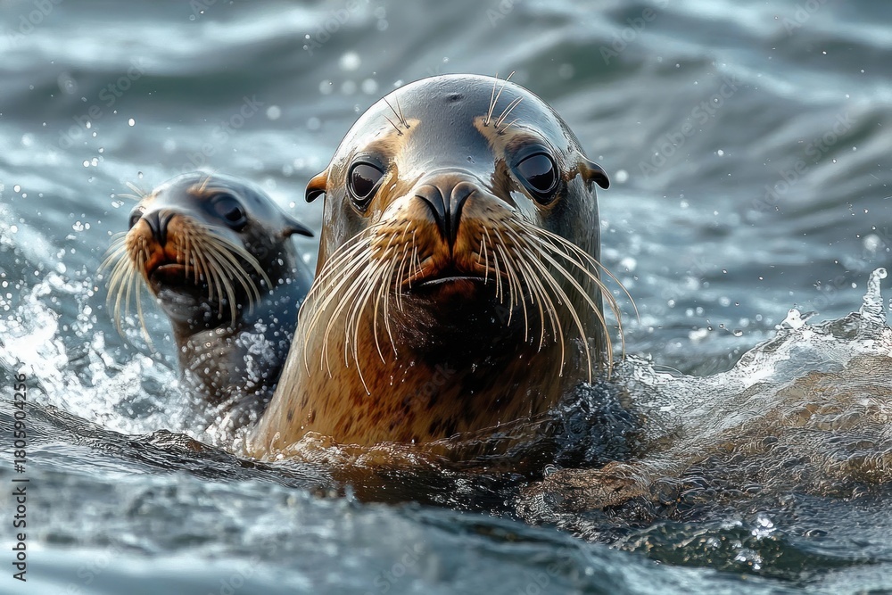 Fototapeta premium Two curious sea lions surfacing through choppy ocean water, close-up of wet faces, whiskers and alert eyes amid splashing waves