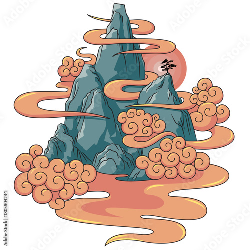 Ancient Celestial Peaks Illustrated with Soft Jade Tones and Swirling Sunset Clouds