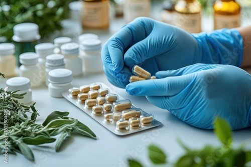 gloved hands carefully holding herbal supplement capsules above a blister pack beside medicine bottles and fresh green herbs, conveying clinical care and precision