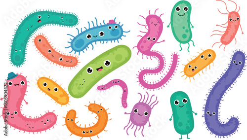 Cute colorful bacteria cartoon characters vector illustration showing friendly germs, microbes, and microorganisms for science, education, and kids design.