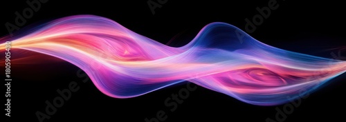 vibrant flowing neon light ribbons in pink, purple and blue over black background conveying serene dynamic motion