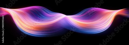 two symmetrical flowing neon light ribbons in pink purple blue and orange on a black background conveying graceful energetic motion