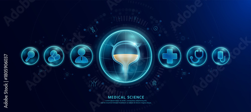 Science medical banner dark blue. Bladder organ hologram in transparent spherical dome along with the icons of a doctor plus sign and syringe. Vector EPS10.