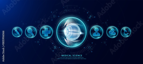 Science medical banner dark blue. Eyeball organ hologram in transparent spherical dome along with the icons of a doctor plus sign and syringe. Vector EPS10.