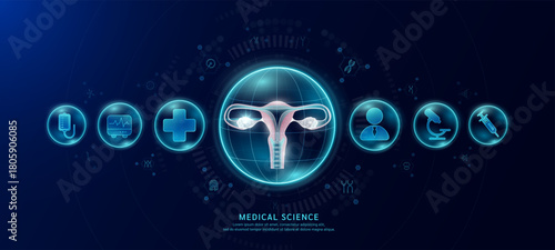 Science medical banner dark blue. Female uterus organ hologram in transparent spherical dome along with the icons of a doctor plus sign and syringe. Vector EPS10.
