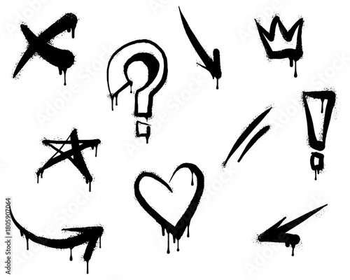 Spray painted graffiti Crown, star, arrow, heart and exclamation point drip symbol. isolated on white background. vector illustration