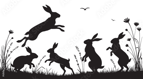 Hare silhouettes jumping in a field Vector