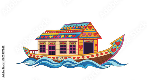 A vibrant, charming houseboat, adorned with an array of colorful heart patterns on its roof and hull, floats gracefully on wavy blue water.