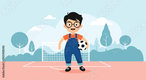 A smiling cartoon boy in glasses, an orange shirt, and blue overalls holds a soccer ball on an outdoor playing field with a goal.