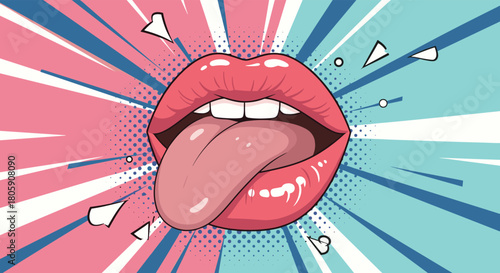 Pop art illustration of a woman's glossy pink lips with teeth and tongue sticking out, against a vibrant split pink and blue background.