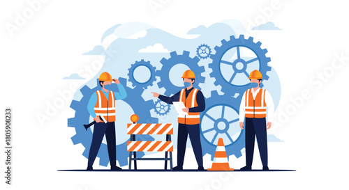 A team of three construction workers in safety gear and masks collaborates on a project with gears and barriers in the background, symbolizing engineering.