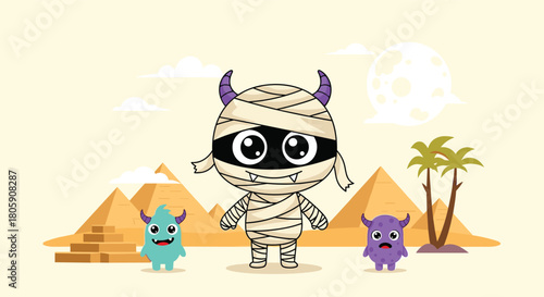 Cute mummy monster with purple horns stands in a desert landscape with pyramids, palm trees, and two small, colorful monsters under a full moon.