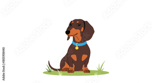 An adorable cartoon black and tan dachshund with a blue collar and gold tag sits on green grass against a white background.