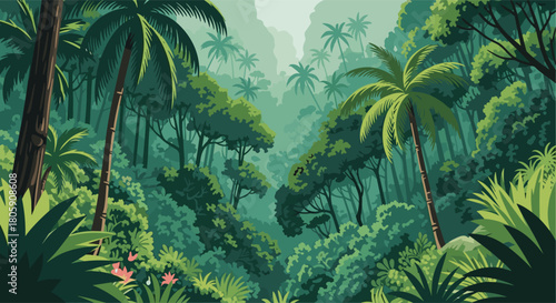 Lush green tropical jungle with towering palm trees, dense foliage, and a verdant valley stretching into a misty background.