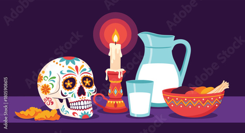 Vibrant illustration depicting a traditional D�a de Muertos offering table with a beautifully decorated sugar skull, a lit candle, and food items.