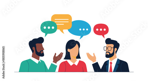 Three diverse people engaging in conversation, sharing ideas and discussing topics with colorful speech bubbles above their heads.