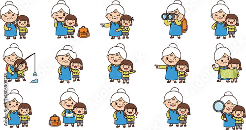 Cute grandmother and little girl spending time together exploring, fishing, hugging, and playing in outdoor adventure cartoon vector illustration