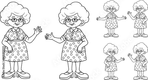 Cute grandmother cartoon character set waving and smiling, senior woman in polka dot dress vector illustration for coloring and education design