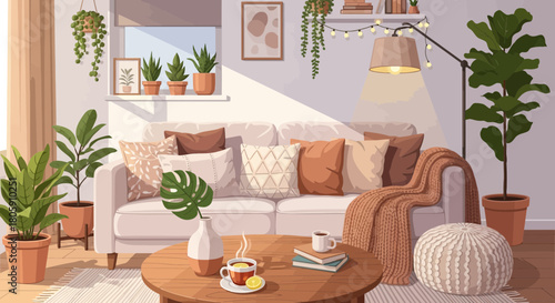 Cozy living room interior with sofa plants and warm lighting creates a relaxing space