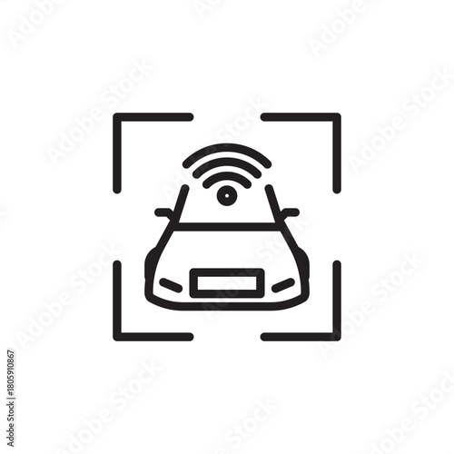 Autonomous self-driving car icon with wireless sensor signal in a detection frame. Modern, future tech concept for smart mobility, AI, and vehicle safety systems, ideal for app interfaces and digital.