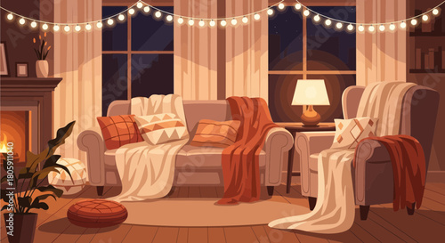 Cozy living room with fireplace and warm lighting creates a relaxing atmosphere